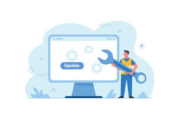 Technician fixing computer screen with wrench software update maintenance system repair concept transparent background