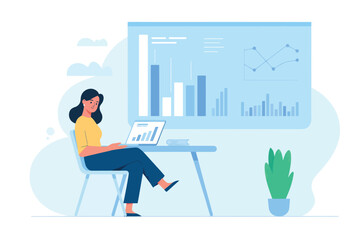 Business woman working on laptop analyzing growth chart in modern office workspace setting transparent background