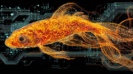 Digital rendering of a glowing fish with futuristic circuitry background