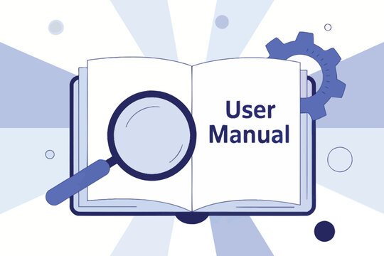Open user manual book magnifying glass gear symbol for instruction and guidance documentation business concept transparent background