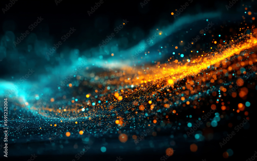 Poster dynamic glowing particles with colorful light trails moving