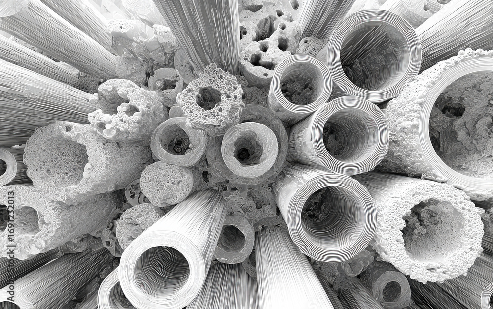 Poster close-up view of porous cylindrical structures under scanning electron microscope