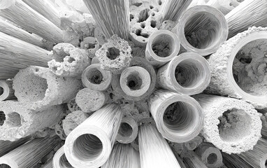 Close-up view of porous cylindrical structures under scanning electron microscope