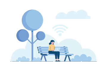 Woman sitting on park bench reading book under tree with blue circles outdoors leisure activity peaceful scene transparent background