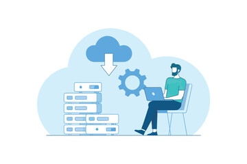 Businessman working on laptop with cloud computing and server data transfer concept transparent background