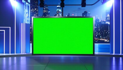 Modern studio set with large green screen