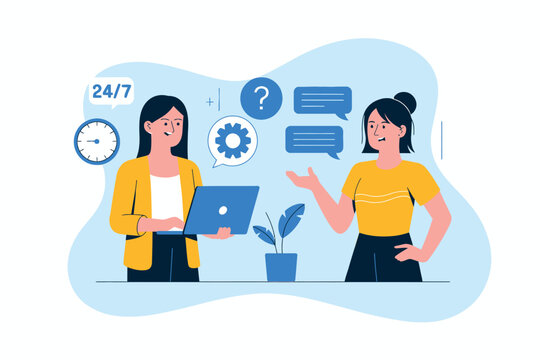 Two professional women offering 24/7 customer support and technical assistance services online transparent background