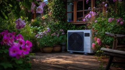 Stunning photo of air heat pump in the garden. Generative AI.