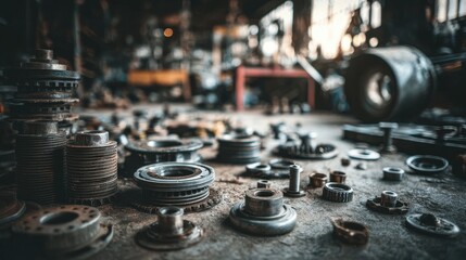 Stunning photo of various car spare part on the garage floor on a car background, auto repair shop or auto parts store concept.