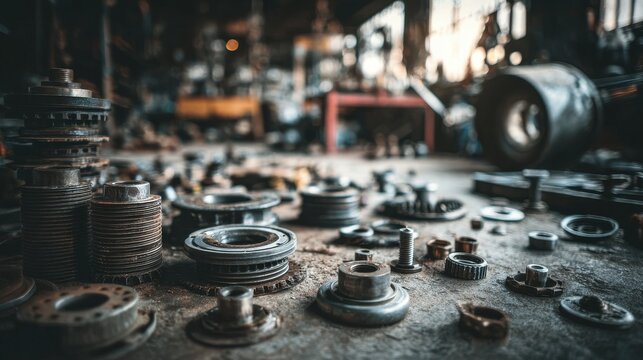 Stunning photo of various car spare part on the garage floor on a car background, auto repair shop or auto parts store concept.