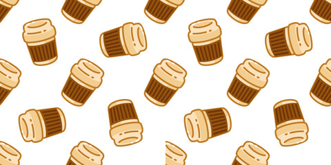 Seamless Autumn Coffee Cup Pattern. Cartoon takeaway coffee cup in flat style. Seamless warm illustration on light background.