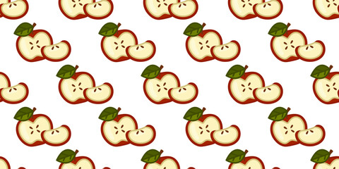 Seamless Red Apple Slice Pattern. Cartoon red apple with slice in flat style. Seamless fresh illustration on light background.