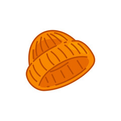 Cartoon Orange Beanie Illustration. Orange knitted beanie hat in cartoon flat style. Warm clothing illustration on light background.