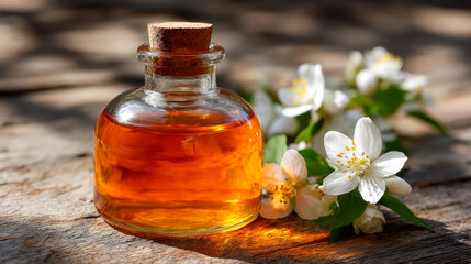 Small glass bottle filled with golden essential oil next to delicate white jasmine flowers on rustic wooden surface with natural sunlight and soft shadows