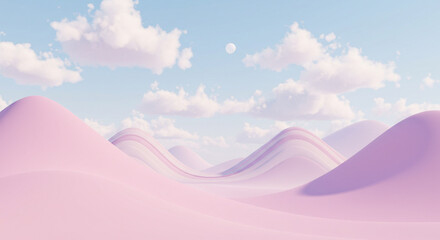 Dreamy pink landscape with pastel hills and fluffy clouds, perfect for serene backgrounds and calming designs