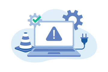 Computer error alert and technical support icons representing system failure and repair services transparent background