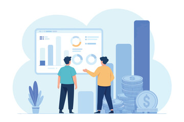 Business professionals analyzing data and growth charts on a digital screen in a modern office environment. transparent background