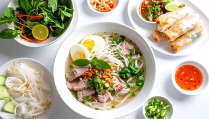 An array of fresh ingredients surround a bowl of pho with meat, egg, and sprouts, served on a bright white background, enhanced with sauces, noodles, and fragrant herbs