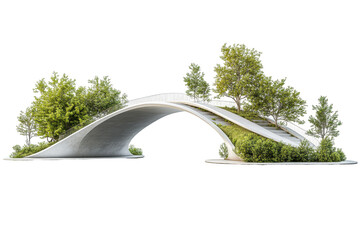 Elevated modern wood bridge with white surface and suspension cables isolated on a white background