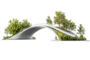 Elevated modern wood bridge with white surface and suspension cables isolated on a white background