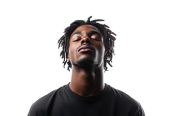 Young man standing with crossed arms, wearing a casual black shirt on a White background in a portrait style view