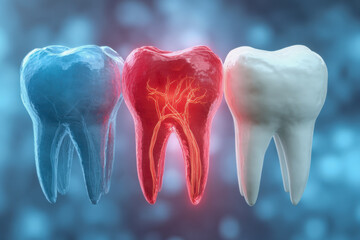 Close-up view of three detailed teeth illustrations highlighting healthy, inflamed, and preserved dental structures for oral health awareness and dental care importance