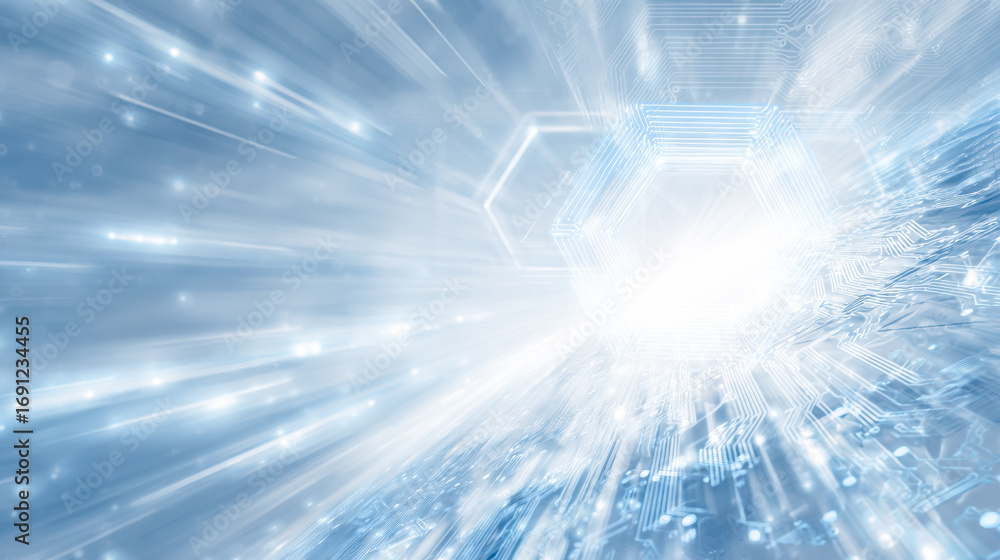 Poster futuristic digital light burst with hexagonal patterns and dynamic energy flow