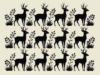 Fototapeta premium Deer and Foliage Pattern in Black Silhouette repeating