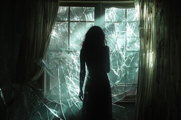 Ethereal female ghost standing in front of broken window, surrounded by scattered debris with dramatic lighting, perfect for moody illustrations, digital art and horror content