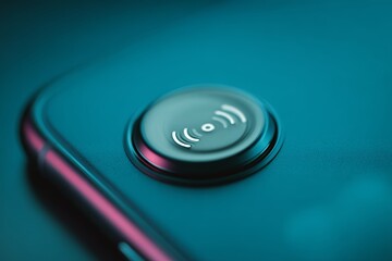 Close-up of smartphone camera lens with blue lighting.