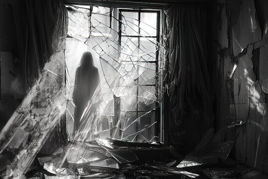 Spooky scene featuring hazy female figure before broken window, illuminated by single beam of light. Perfect for , film posters and thriller themed designs