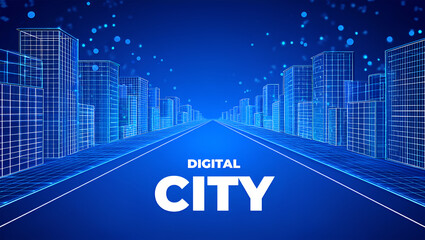 Futuristic city skyline with digital grid urban technology