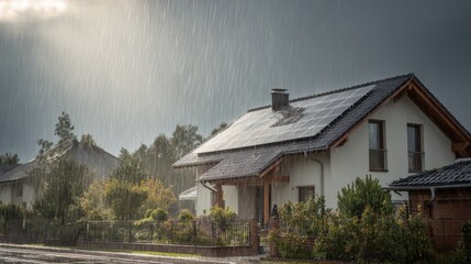 Stunning photo of rain falling on new suburban home with solar panels. Energy efficient modern residential property with photovoltaic system on roof. Eco-friendly green.