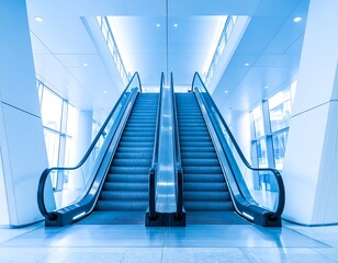 Modern, symmetrical escalators in a bright, airy interior