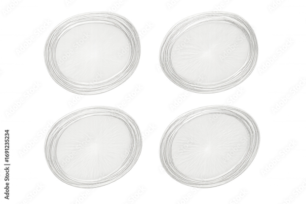 Poster four white oval plates with a textured surface, creating a simple yet elegant table setting, isolate