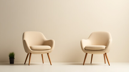 Fototapeta premium Two elegant armchairs sit in a minimalist space, exuding comfort and style. A small plant adds a touch of nature, creating a serene and inviting atmosphere.
