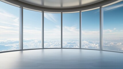 Wide angle view of luxury observation deck inside orbital station with large curved windows overlooking Earth.