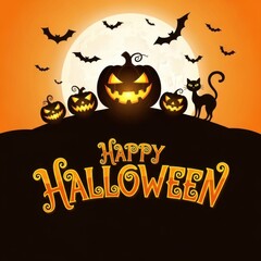 Happy halloween greeting with carved pumpkins, black cat, bats, and full moon on orange background