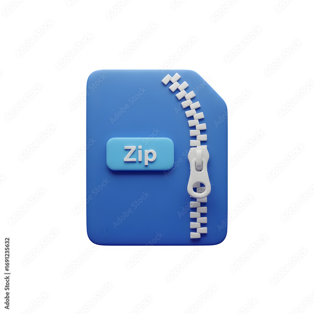 Poster 3d illustration of blue zip file icon isolated on transparent background 3d render of a file with a 