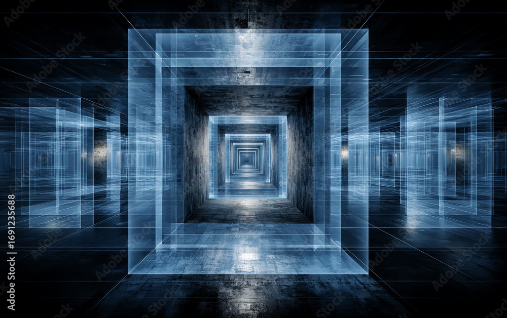 Poster abstract digital tunnel with glowing square frames in a futuristic setting