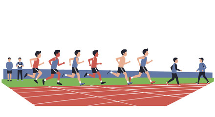 Illustration of a track and field race featuring runners competing on a red track during an athletic event