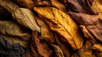 Pile of warm colored, dead leaves showing texture and vein patterns in various shades