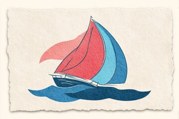 Colorful sailboat illustration on vintage paper with red and blue sails on the ocean.