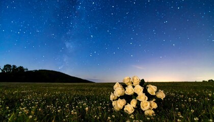 Pale roses under a starry night sky