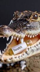 Obraz premium Crocodile with health bottle in mouth against black background