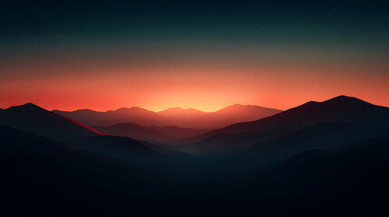 Obraz premium Mountain silhouette with vibrant orange sunset, stars twinkle in the dark sky, creating a serene and picturesque landscape. Dramatic scenery.