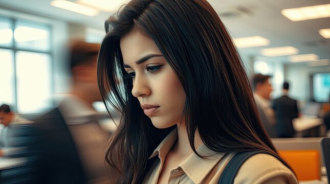 Overworked professional woman showing signs of stress.