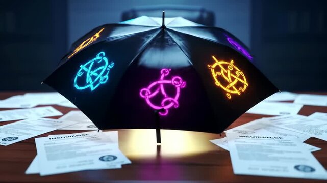 Dynamic Neon Symbols Rotate on Modern Insurance Umbrella, Illuminating Scattered Policy Documents on Dark Desk