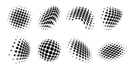 Abstract halftone dot pattern with wavy gradient shapes, dotted texture curves, and smooth dot wave elements, including organic deformations and geometric twists. Dotted shapes vector set.
