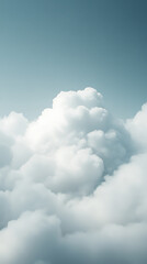 Cumulus cloud formation. A majestic fluffy cloudscape against a light blue sky. Dreamy, serene aerial scene. Ideal for backgrounds and atmosphere.